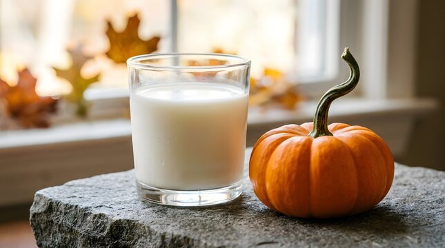 Autumnal still life glass of milk and miniature pumpkin on stone surface with blurred window