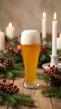 Festive holiday beer still life with lit candles and winter evergreen decorations