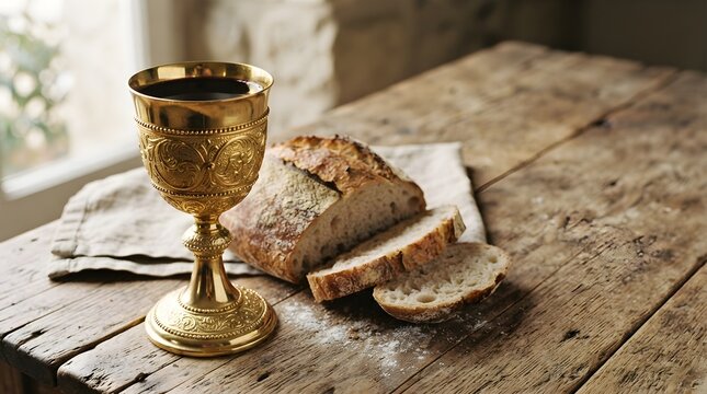 Still life with golden chalice and sliced bread on rustic wooden table religious symbolism