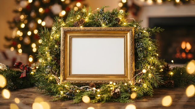 Festive holiday mockup with ornate gold frame evergreen garland and warm bokeh lights for seasonal promotions