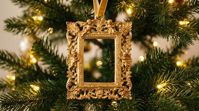 Ornate gold picture frame christmas tree ornament hanging amidst evergreen boughs and twinkling warm white lights