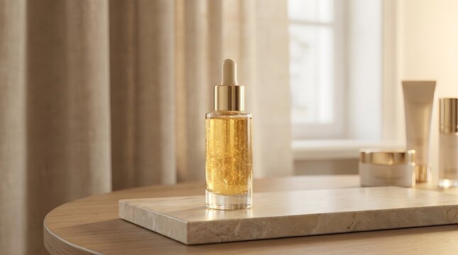 Luxurious gold serum in glass dropper bottle with skincare products on marble surface natural light