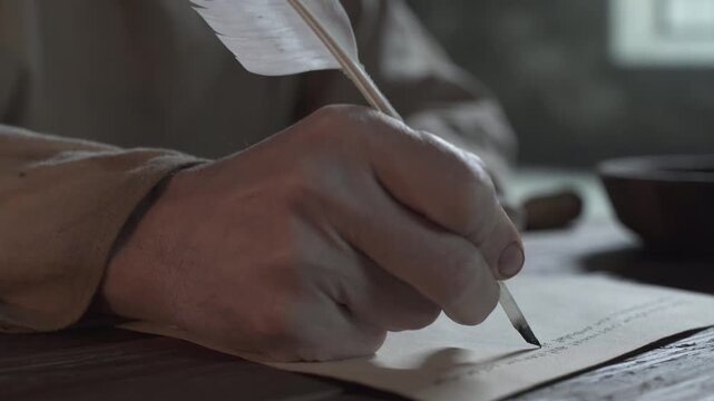 Close up of medieval prisoner hands writing Latin text with a quill pen on parchment on a rustic wooden table inside a gloomy jail cell, camera tracking