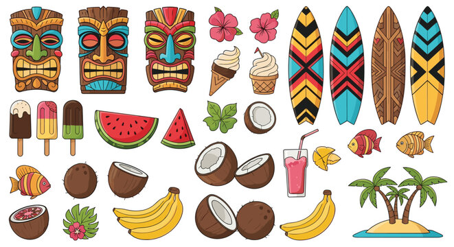 Large assortment of tropical beach elements such as tiki masks, surfboards, cocktails, exotic fruit, and palm islands on white.