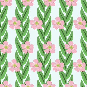 Floral seamless pattern, flowers and leaves, soft pink blossoms, lush green leaves, light blue background. Elegant botanical design fresh spring aesthetic, repeating retro floral texture, vector