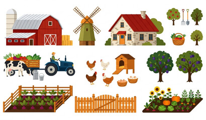 Village farm collection with dairy cows barns gardens and tractor vector illustration © MstLima