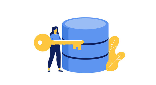 Woman Holding Gold Key to Unlock Database Server for Data Security and Privacy Concept Illustration