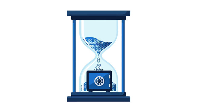 Cybersecurity and Data Protection Concept: Hourglass with Binary Code Flowing into a Secure Digital Safe Vault
