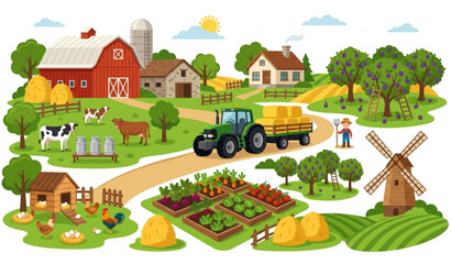 Countryside farming vector pack with village barns cows tractors and organic food elements © MstLima