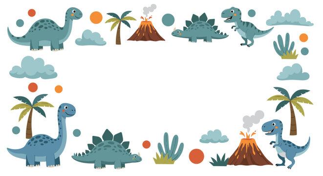 Cute dinosaur themed horizontal frame with various prehistoric creatures, volcanoes, palm trees, and clouds surrounding a central blank space.