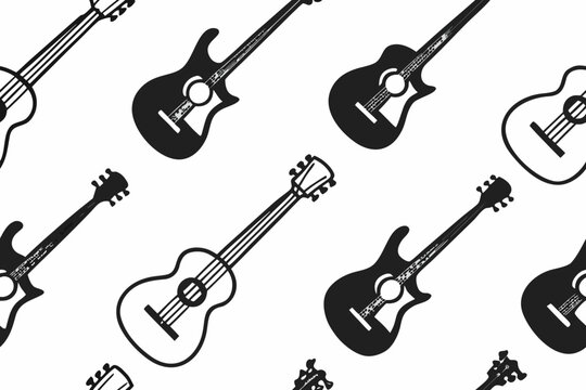 Black and white vector illustration of multiple acoustic guitars on a clean background in a repeating pattern design