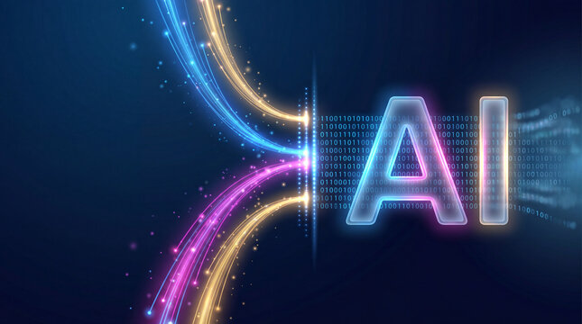Glowing AI text with converging data streams in a neon illustration featuring colorful fiber optics over a dark binary background, ideal for machine learning concepts and tech presentations