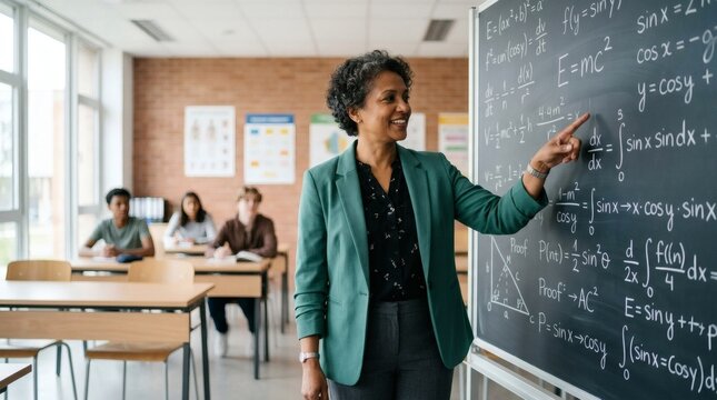 Teacher explains advanced calculus formulas to pupils in a bright modern classroom.