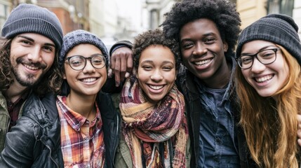 Fototapeta premium Five friends standing together in a city street, wearing hats and smiling.