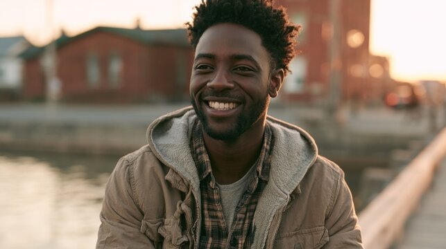 A young man with an afro hairstyle, wearing a brown jacket, standing on a wooden pier with a red brick building in the background, smiling and looking at the camera.