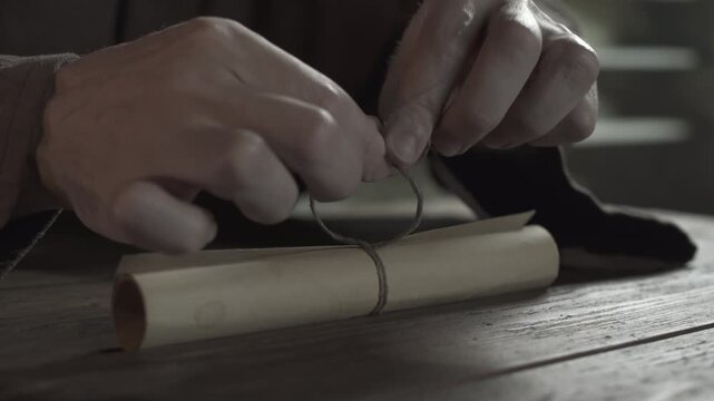 Close up of medieval monk hands tying a simple knot with a linen string on a parchment scroll resting on a rough wooden table inside a dark scriptorium