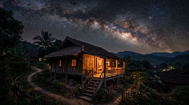 Beautiful traditional wooden stilt house warmly illuminated at night under a spectacular starry sky with a clear view of the Milky Way galaxy.