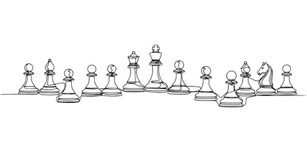 Continuous line drawing of chess pieces in black and white, strategic game concept © Nurul
