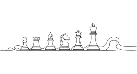 Continuous Line Art Chess Pieces Set - Strategy, Game, Royalty, King, Queen, Knight, Rook, Bishop, Pawn © Nurul