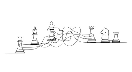 Continuous line drawing of chess pieces, strategy and connection © Nurul