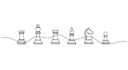 Single Line Drawing Chess Pieces: King, Queen, Rook, Bishop, Knight, Pawn on White Background © Nurul