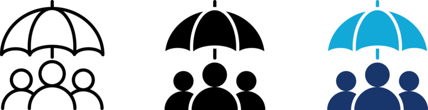 Family insurance icon set showing professional life assurance medical safety health protection and corporate risk security management with umbrella shield covering people group