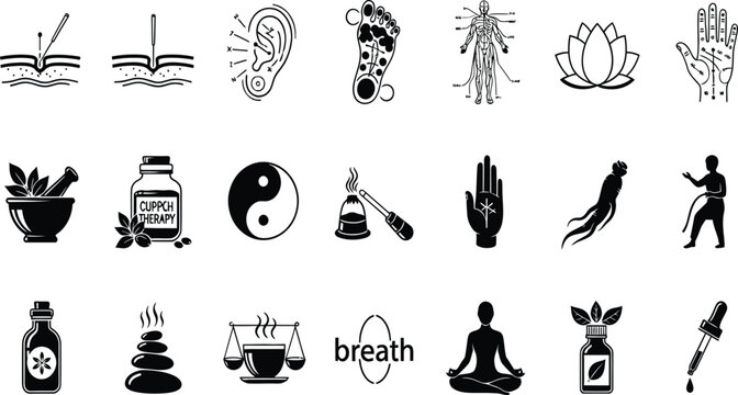 Acupuncture and Alternative Medicine Icon Set, Holistic Therapy Vector Icon Collection