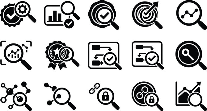 Data Analysis and Quality Audit Magnifying Glass Icon Set for Business Reports, Financial Dashboards & Technical Documentation (EPS)