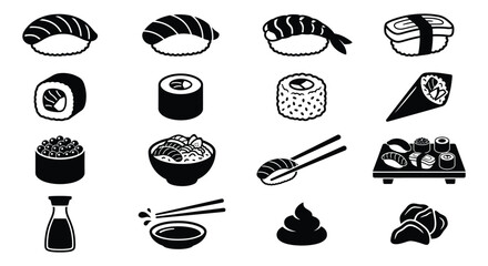 Assorted Sushi Pieces And Accessories Black Silhouette © Sogir