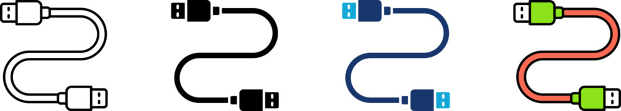 USB data cable icon set showing professional curved s-shaped charging wire extension with dual connector plugs for hardware transfer and power supply connection management