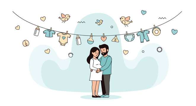 Happy pregnant woman and her husband embrace while standing below a clothesline decorated with newborn baby items and birds.