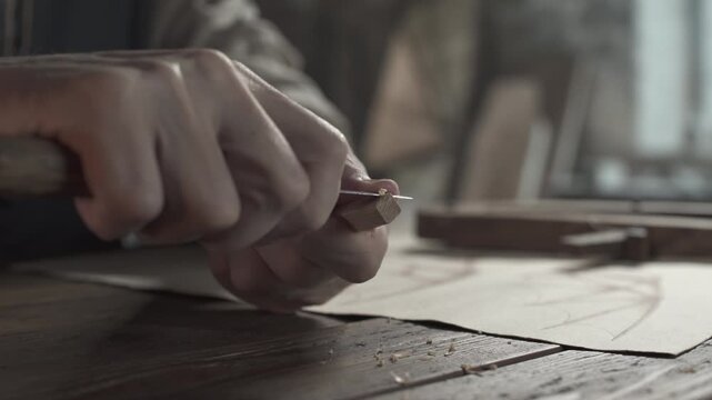 Close up of master hands whittling a small wooden block with a sharp knife on a desk inside a medieval craftsman workshop