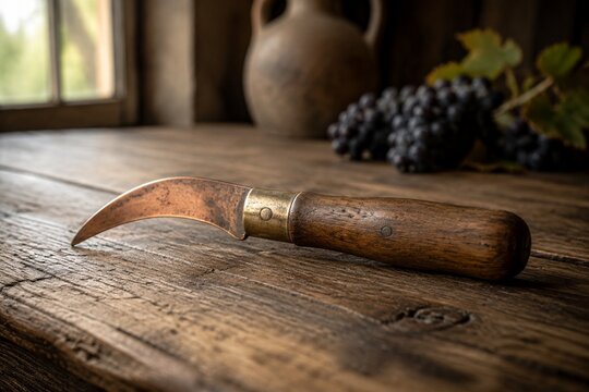 Antique grape pruning knife with wooden handle on a rough-hewn wooden table.