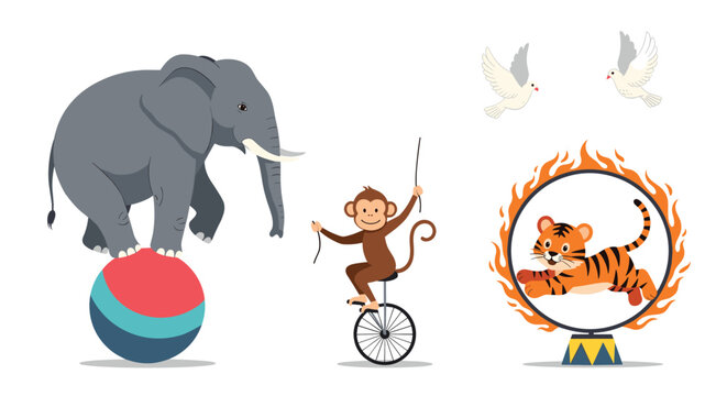 Classic circus performance set with balancing elephant, unicycling monkey, and tiger jumping through fire ring.