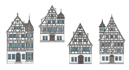 Obraz premium Detailed architectural illustrations of traditional European half timbered houses with classic historic designs.