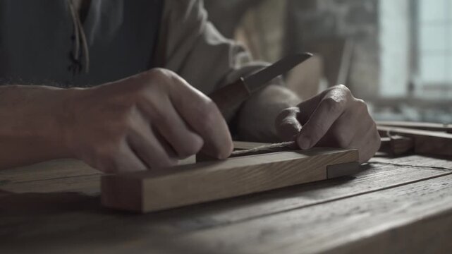 Hands of a medieval craftsman measuring a linen cord along a wooden square tool and cutting it with a small knife on a rustic table inside a workshop