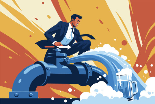Creative man sitting on a large industrial pipe opens a valve to pour a refreshing glass of cold beer with thick white frothy foam.