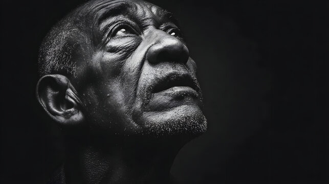 Striking black and white portrait of elderly man looking upward with dramatic lighting and textured skin