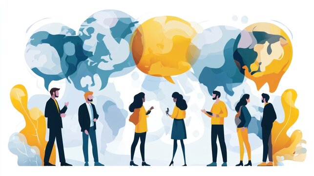 People standing in a room with speech bubbles and world maps