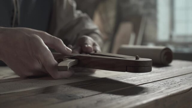 Hands of a craftsman pulling out a locking pin, adjusting a wooden compass and pushing the pin back, on a rustic table inside a medieval workshop