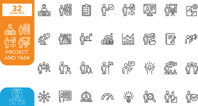 project and taskEditable line Vector illustration icon set.feedback, milestone tracking, stakeholder input, deliverable list, resource allocation, priority matrix, performance metrics, reprioritizatio