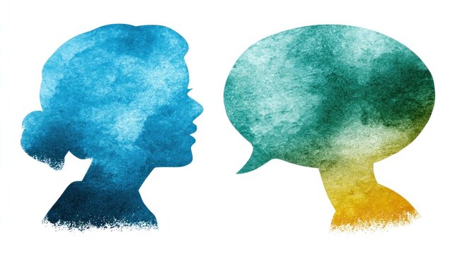 Two silhouetted faces, one blue and one green, with speech bubbles in front of them, set against a white background.