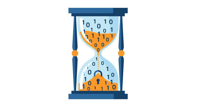 Cyber Security Illustration of a Binary Code Hourglass with a Padlock Symbolizing Data Protection and Time-Sensitive Information