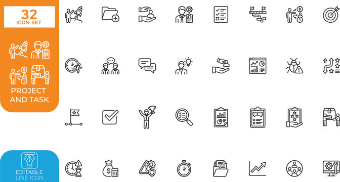project and taskEditable line Vector illustration icon set.feedback, milestone tracking, stakeholder input, deliverable list, resource allocation, priority matrix, performance metrics, reprioritizatio