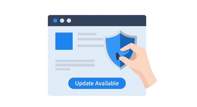 Cybersecurity Software Update Concept Illustration with Shield, Browser Window, and Notification Button for System Security and Digital Maintenance