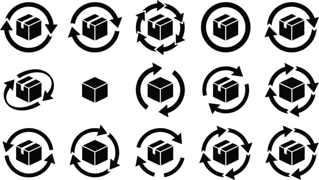 Black Cardboard Box Icons with Circular Recycling Arrows Vector Set for Sustainable Packaging, Logistics Branding & Eco-friendly Shipping (EPS)
