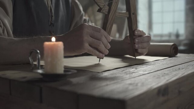 Hands of a medieval inventor drawing an arc with a wooden drafting compass on a geometry sketch near a burning candle inside a craftsman workshop