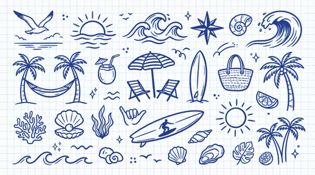 Hand drawn summer beach doodles on grid paper, blue ink tropical vacation icons set, ocean surfing and travel elements vector illustration