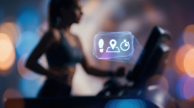 Fitness Performance Tracking: Smart Workout Step Counter, Distance Location Pin Mapping, and Gym Exercise Stopwatch Timer Interface Using Luminous Wearable Tech Hologram UI for Running Analytics