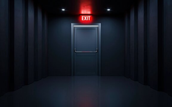 Dark corridor with a glowing red exit sign above a door